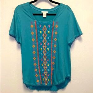 Sundance Teal Embroidered Beaded Scoop Neck Short Sleeve Top 3468
